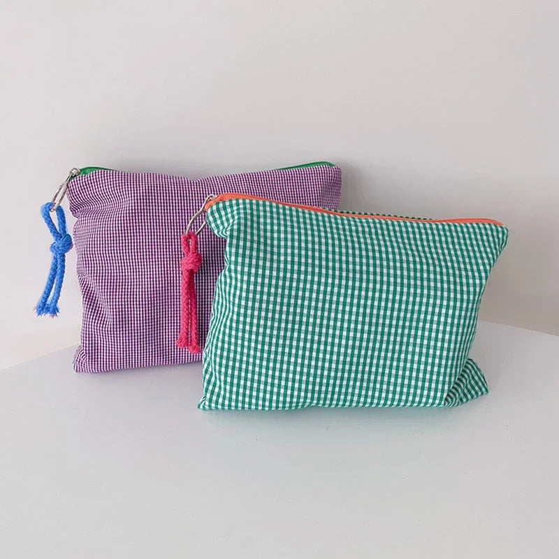 Plaid Makeup Bag Women Cotton Linen Cosmetic Zipper Pouch