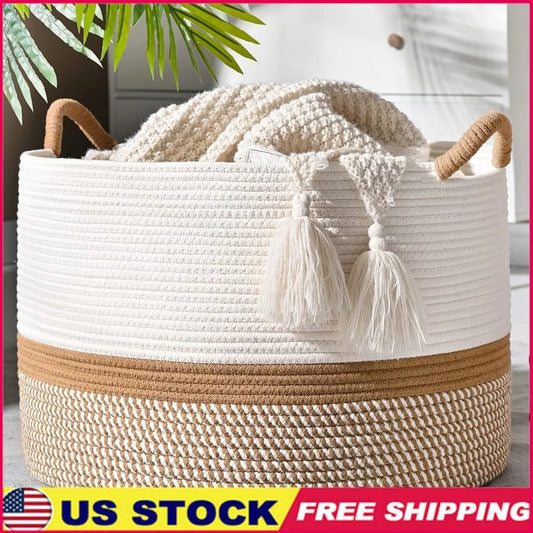 Large Woven Cotton Rope Basket Durable Storage Organizer for Baby Toys Laundry Blankets Nursery Living Room Hamper with Soft Handle