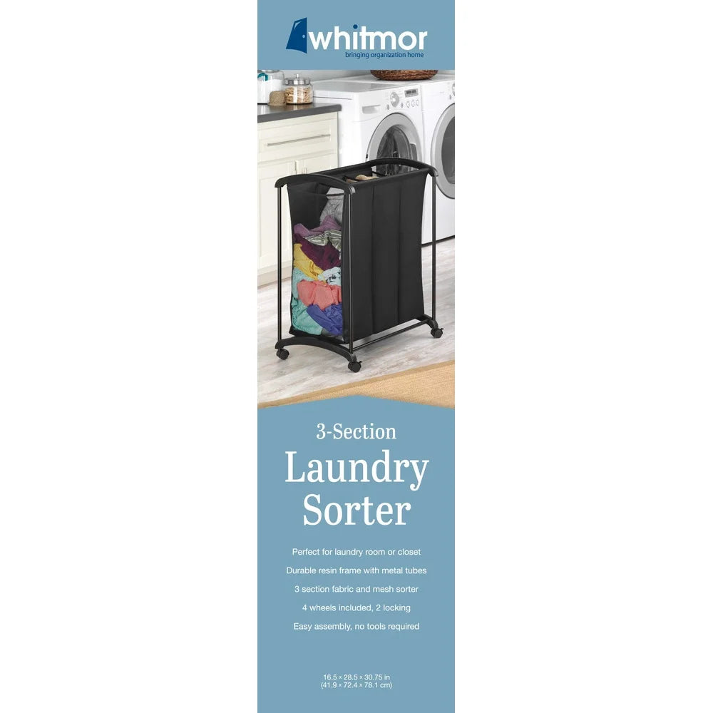 3 Section Laundry Sorter with Wheels Fabric Mesh Heavy Duty Laundry Hamper Rolling Storage Bin Toy Organizer for Adults and Teens