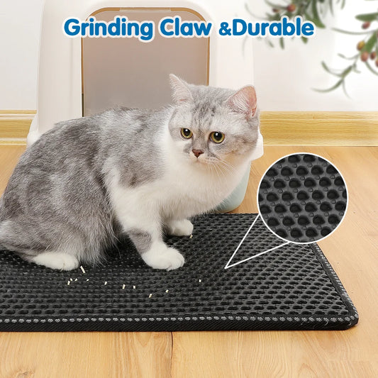 Cat Litter Mat Double Layer Waterproof Easy Clean Scatter Control Scratching Design 21 Inch x 14 Inch Black