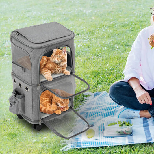 Cat Carrier Double Compartment Pet Rolling Carrier with Wheels Super Ventilated Design Ideal for Traveling Hiking Camping