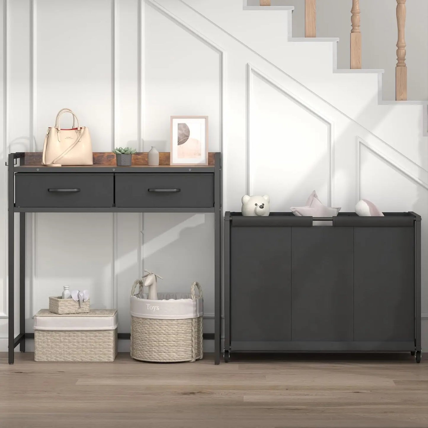 Hamper Laundry Basket With 3 Section Pullout Rolling Bags