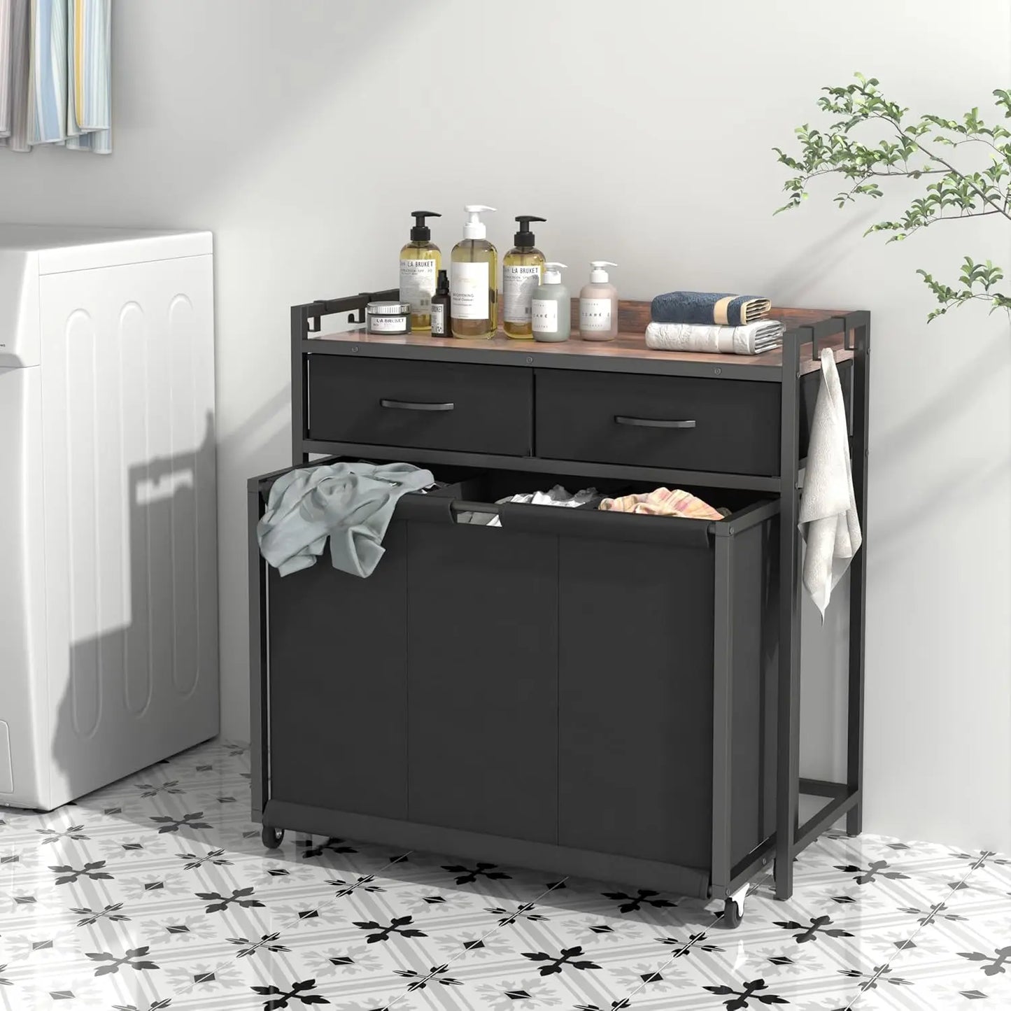 Hamper Laundry Basket With 3 Section Pullout Rolling Bags