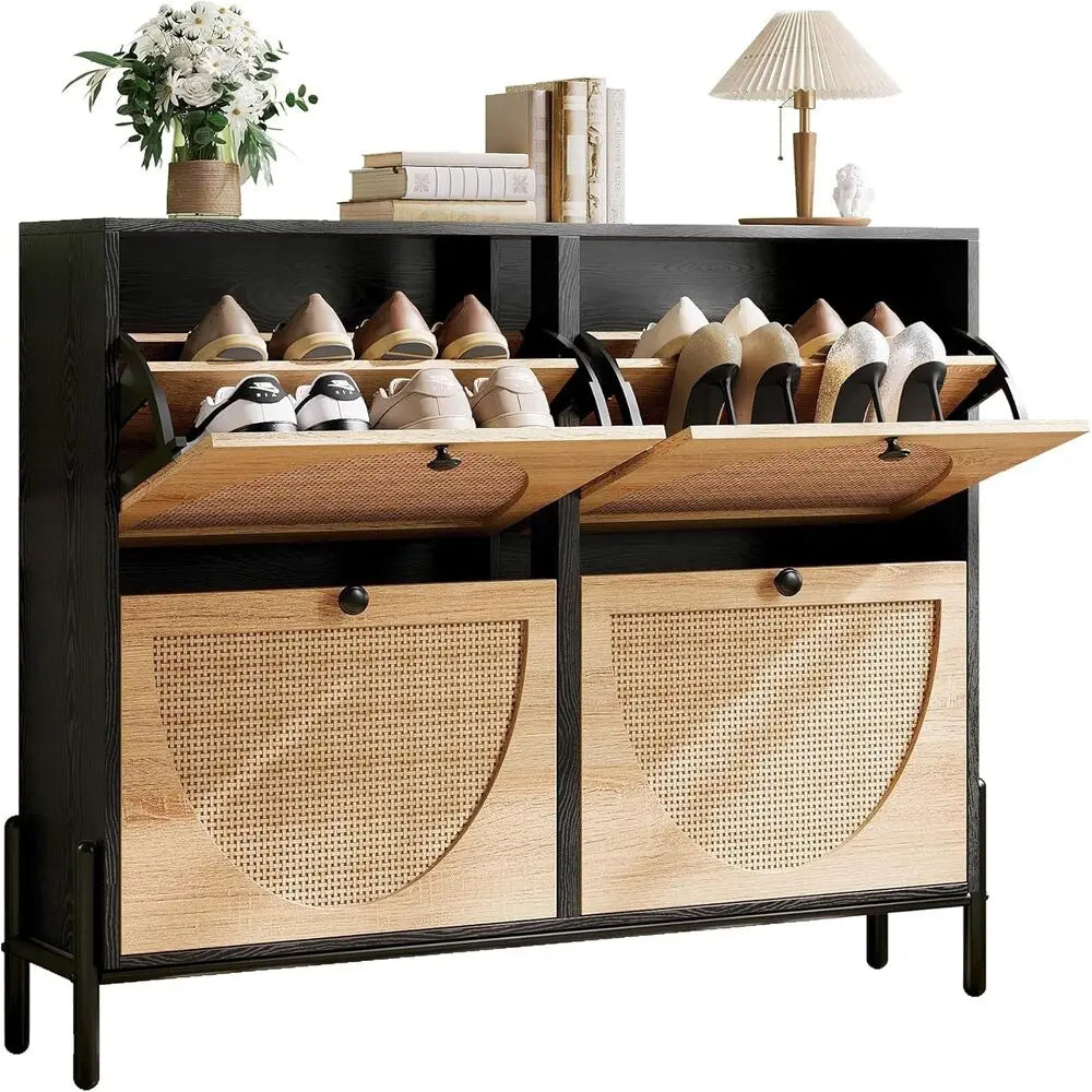 Ironck Rattan Shoe Cabinet With 4 Flip Drawers Narrow