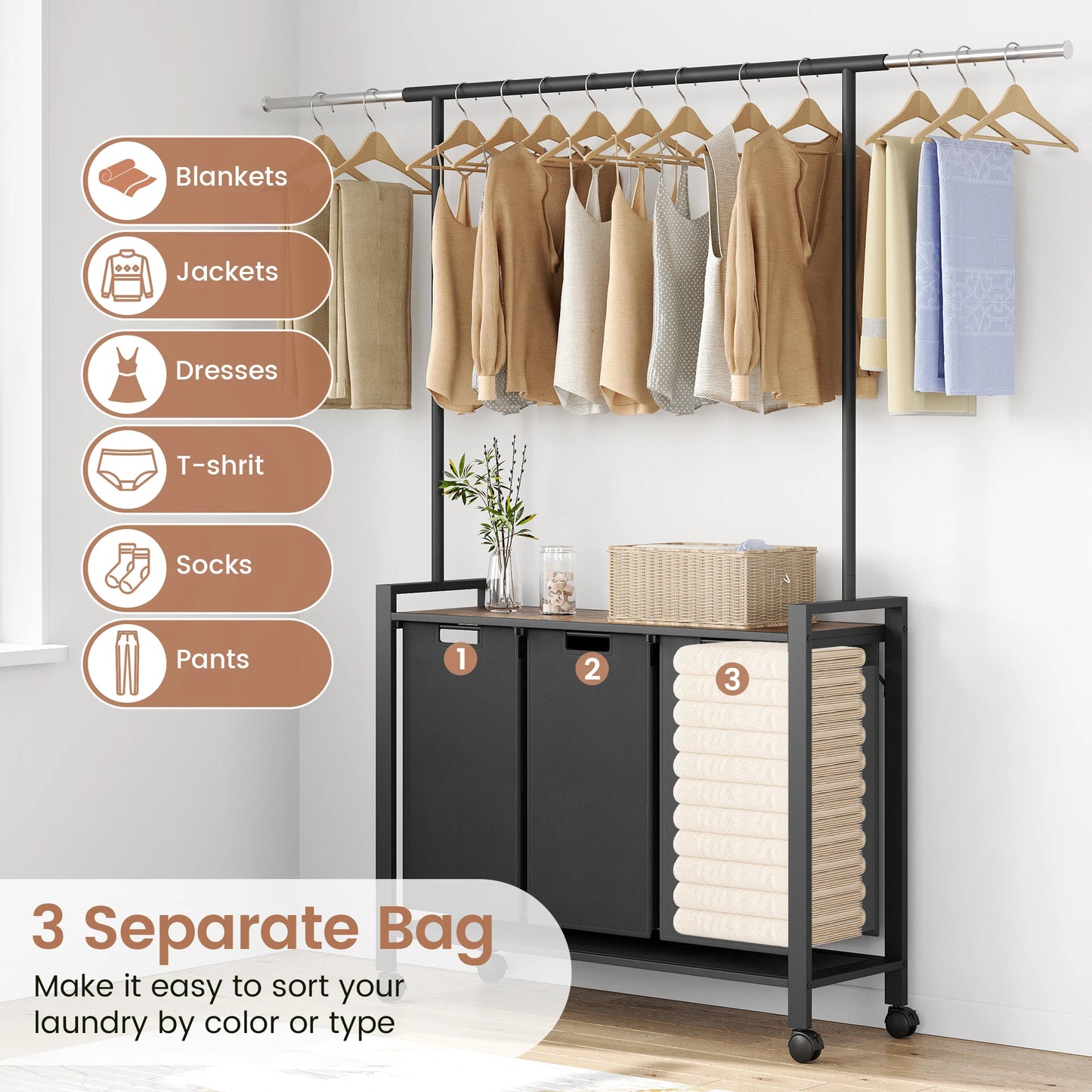 HobbyLane Laundry Hamper Sorter With Clothes Hanging Rod And Wooden Storage Shelf Organizer