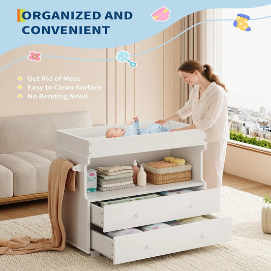 Baby Changing Table Dresser With 2 Drawers And Open Storage
