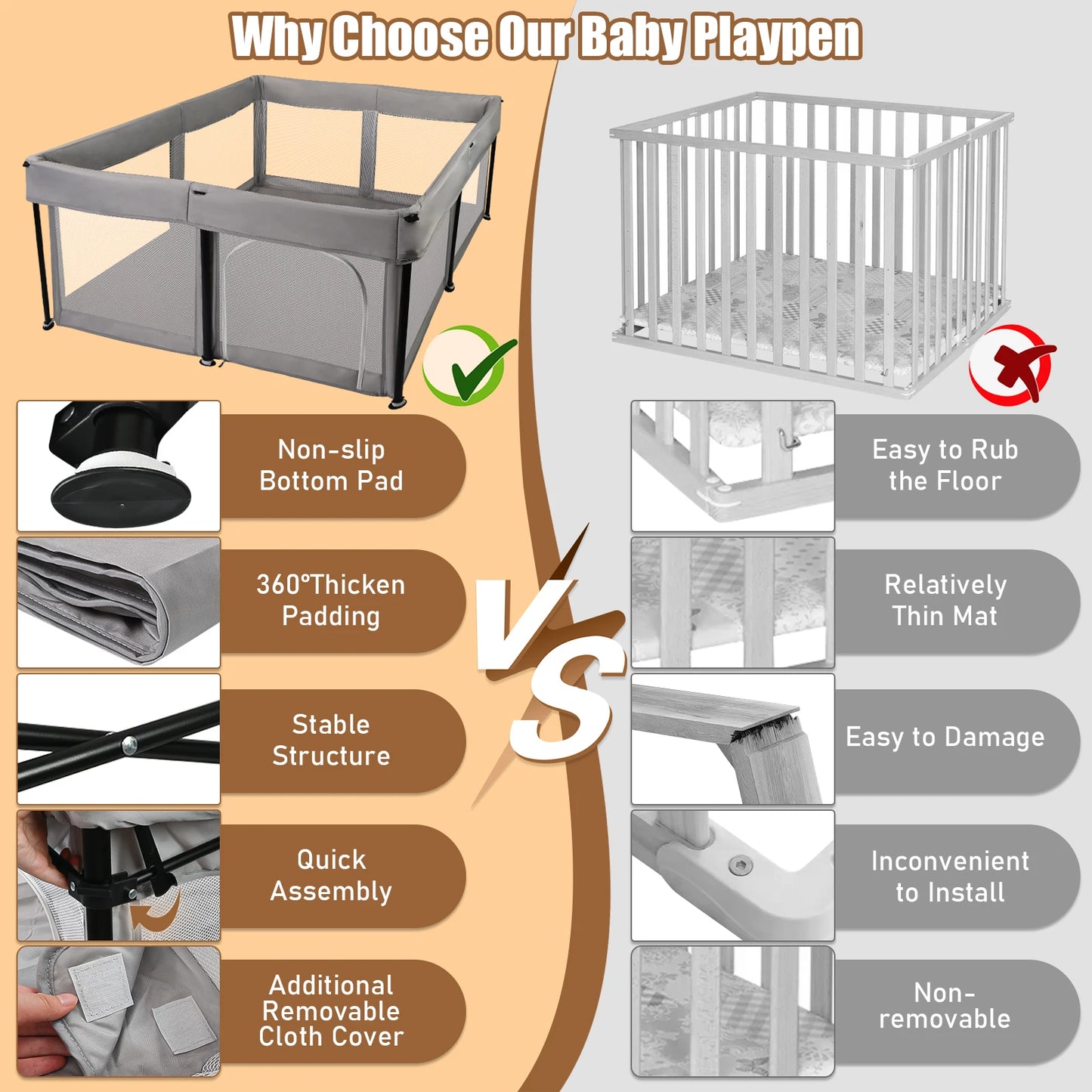 Foldable Baby Playpen with Mat 50 x 50 Inch Portable Sturdy Safe Baby Fence with Visible Breathable Mesh Zipper Door Storage