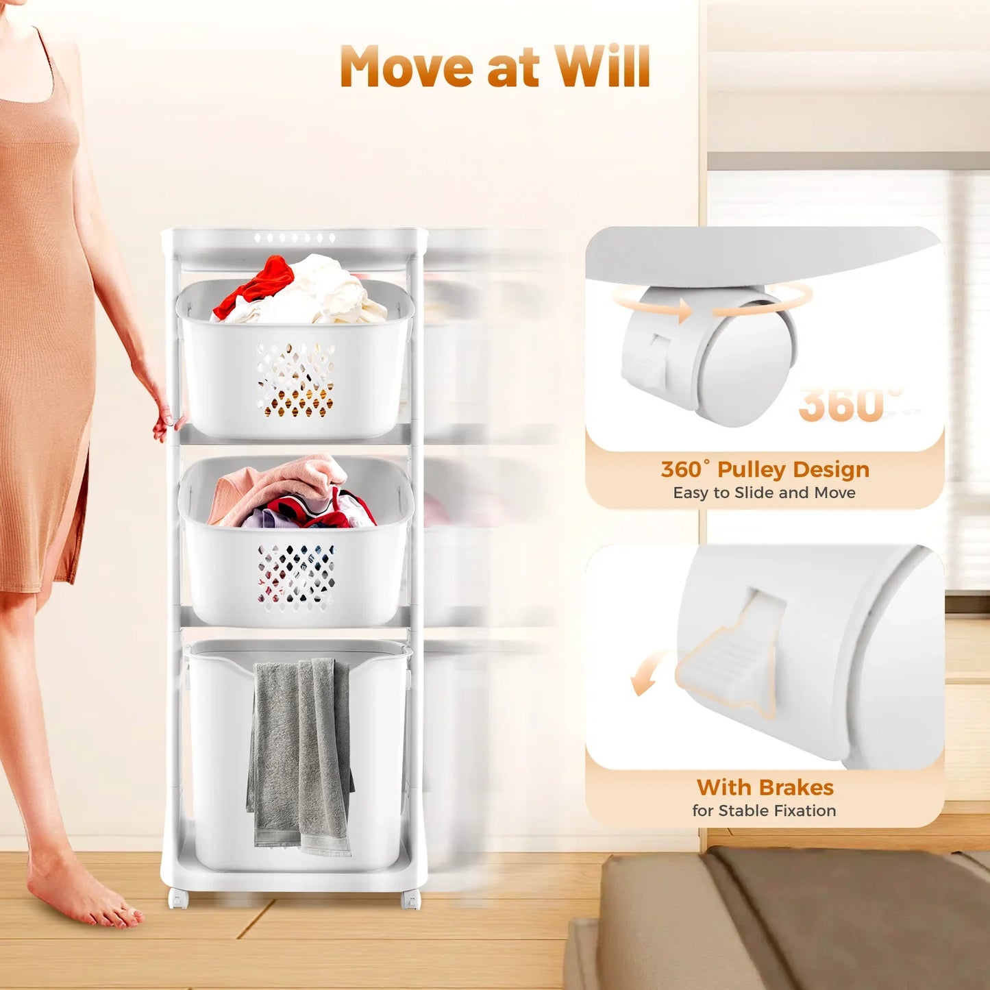 3 Tier Laundry Basket 360 Degree Rolling Wheels 25Kg Load