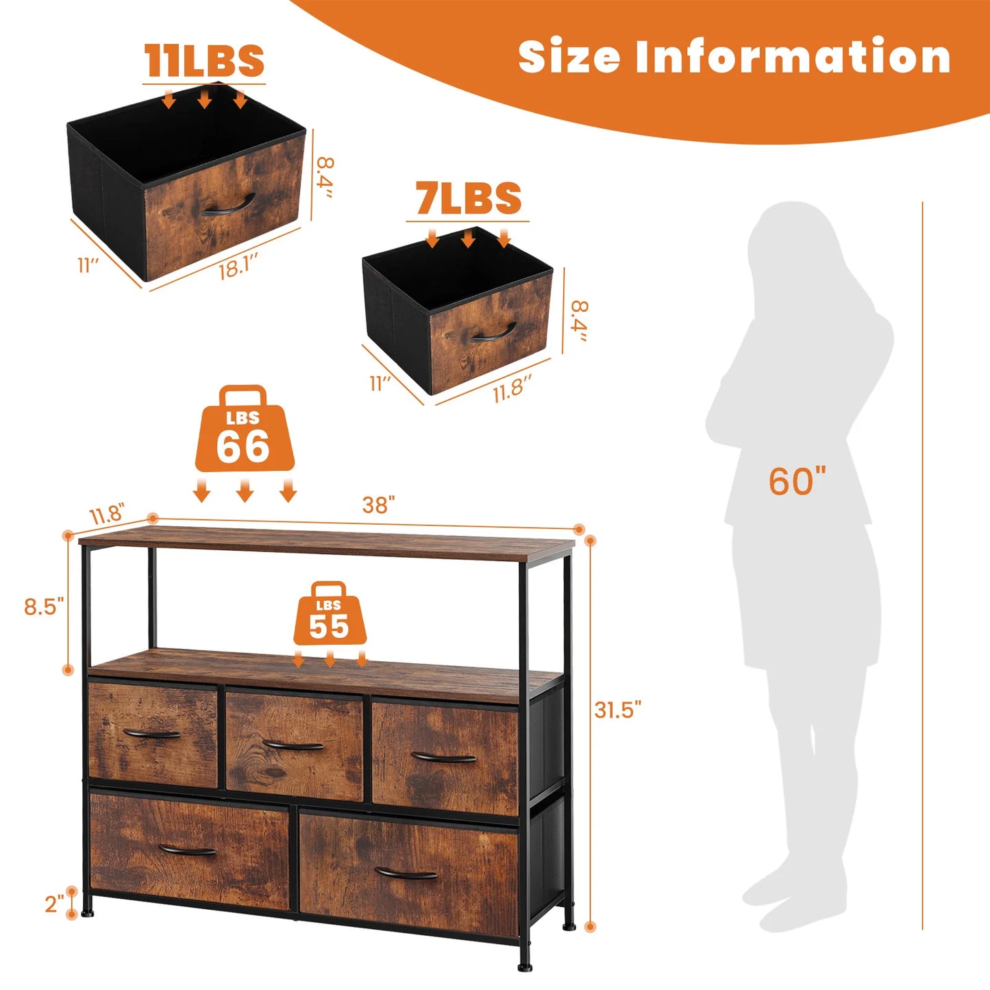 JHK Shoe Cabinet Dresser With 5 Fabric Drawers TV Stand