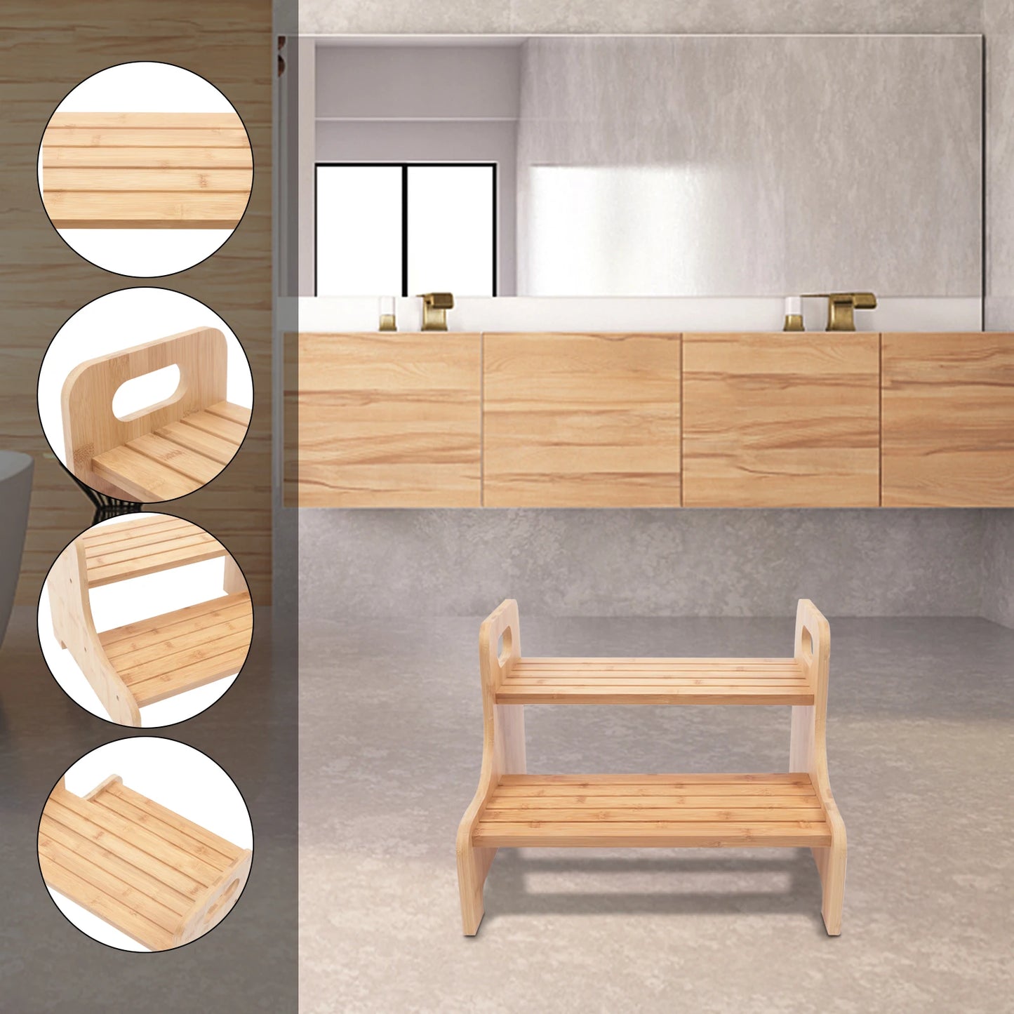 2 Tier Small Step Stool for Elderly and Child Portable Wooden Stepping Stool with Non Skid Foot Pads for Kitchen and Bathroom
