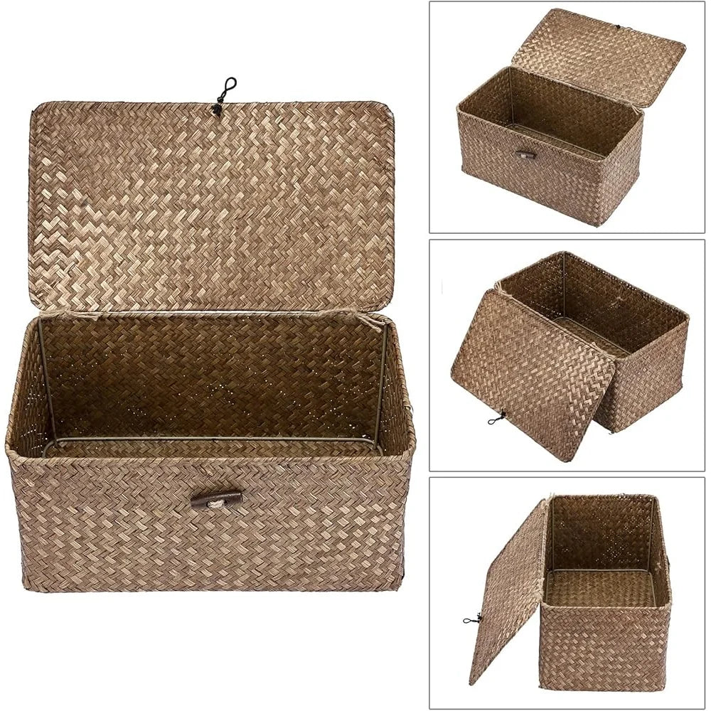 Handwoven Seagrass Storage Basket With Lid Home Office
