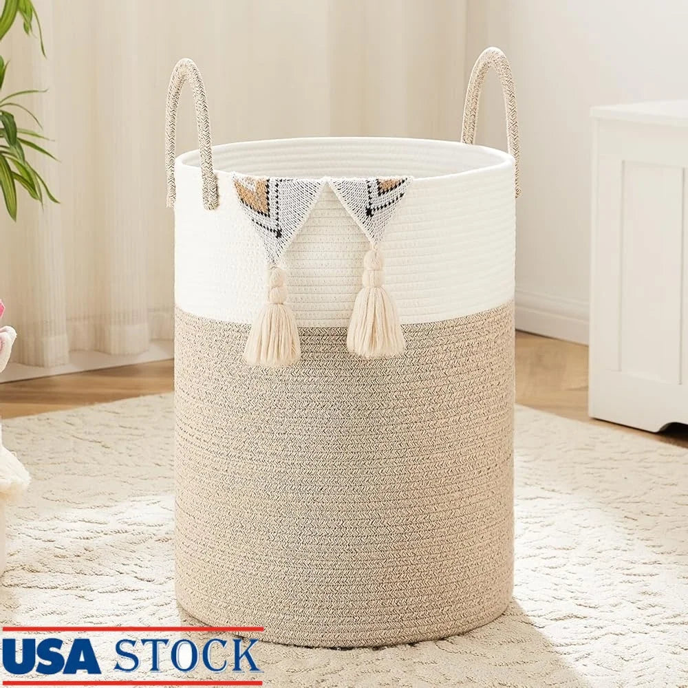 Woven Cotton Rope Laundry Basket Storage Hamper for Dirty Clothes Toys and Blankets Easy to Clean Collapsible Design for Bathroom and Baby Room