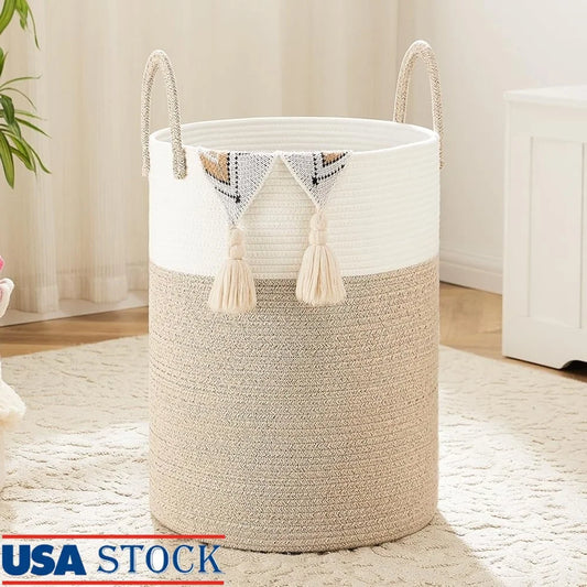Woven Cotton Rope Laundry Basket Storage Hamper for Dirty Clothes Toys and Blankets Easy to Clean Collapsible Design for Bathroom and Baby Room