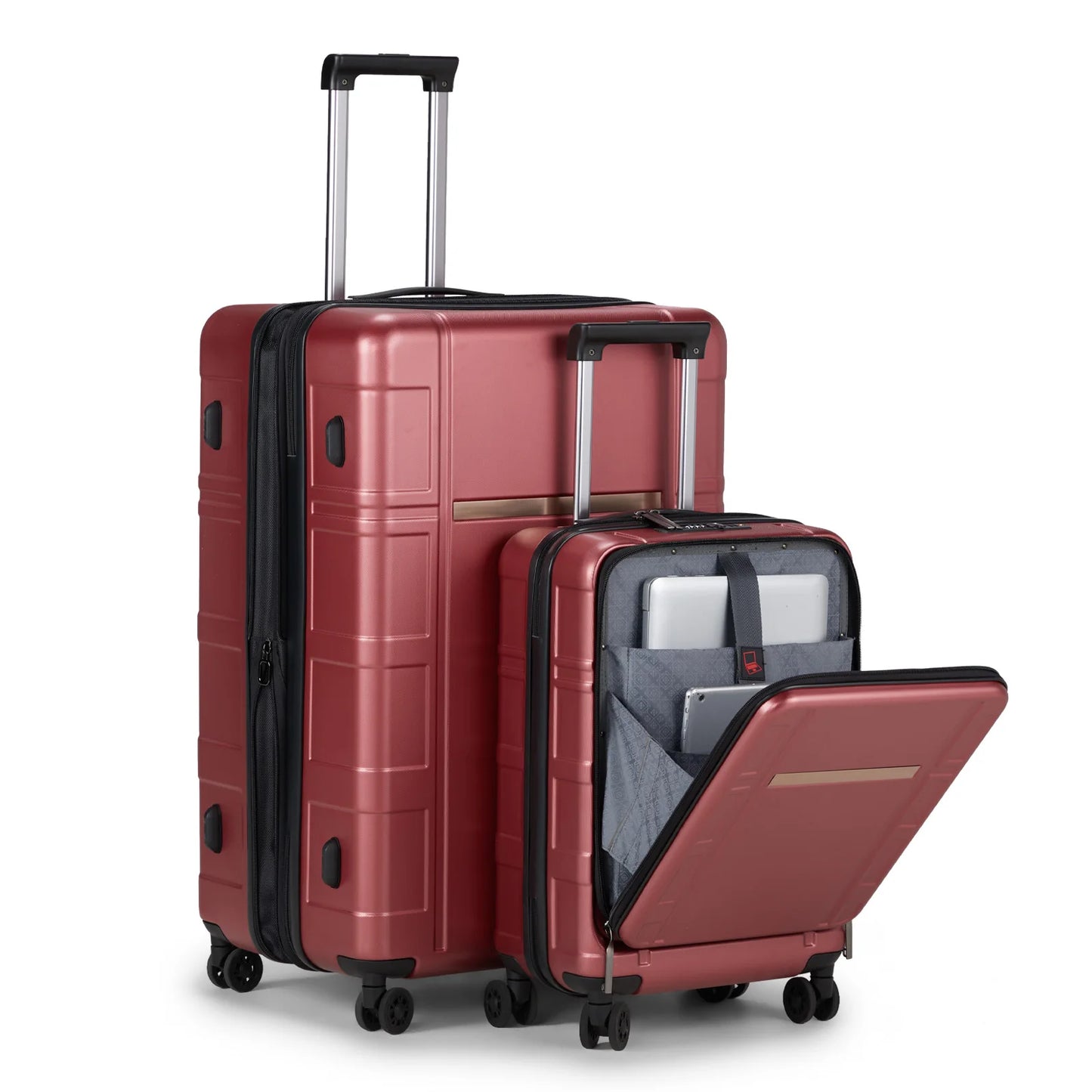 Luggage Expandable Suitcase 2 Piece Set Carry On ABS PC Spinner Trolley with Pocket Compartment Weekend Bag Wine Red Color