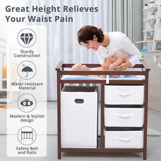 Wooden Diaper Changing Table Dresser With Laundry Hamper And Drawers