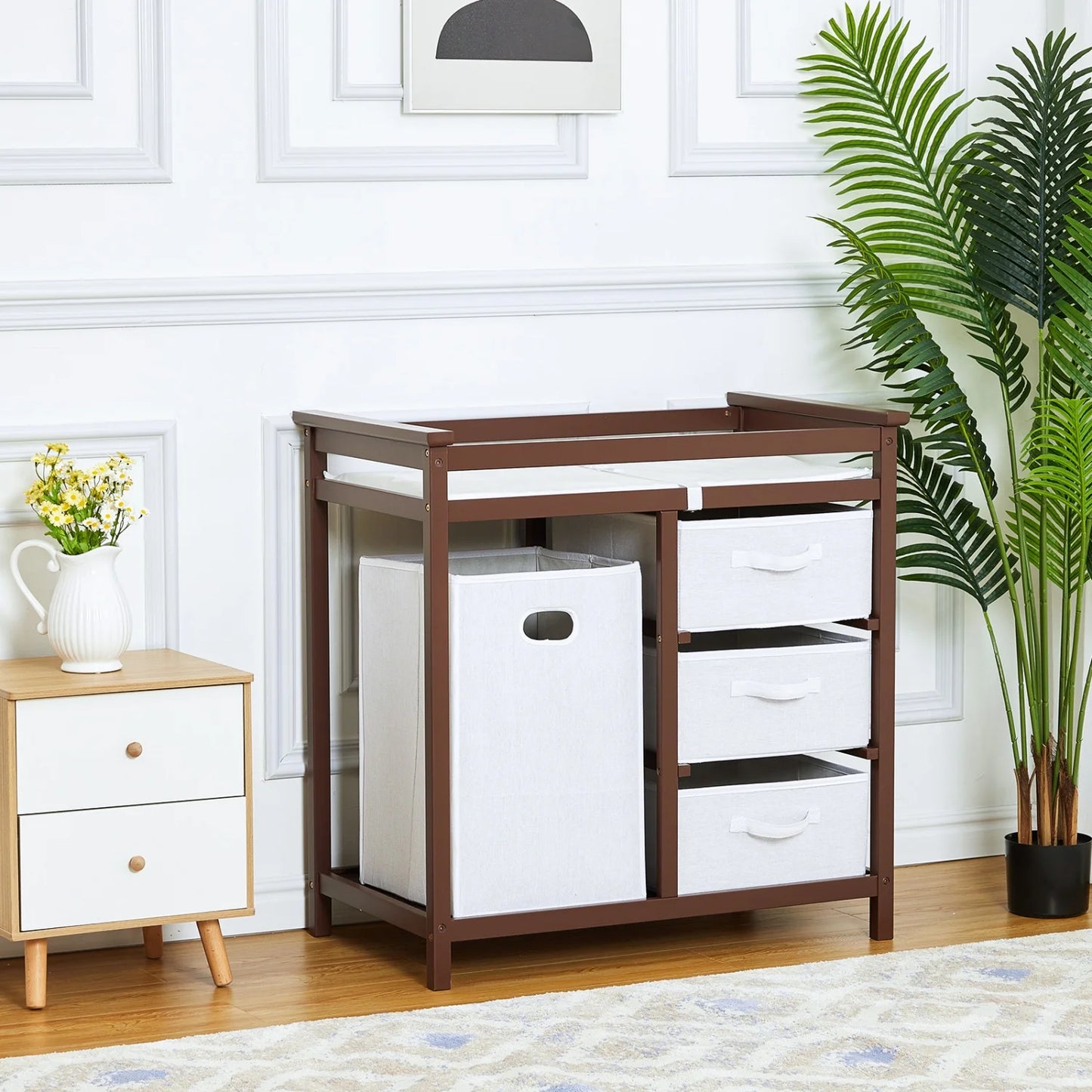 Wooden Diaper Changing Table Dresser With Laundry Hamper And Drawers