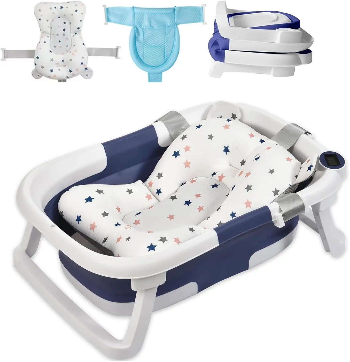 Foldable Baby Bathtub with Thermometer and Floating Cushion for Infants and Toddlers 0 to 36 Months