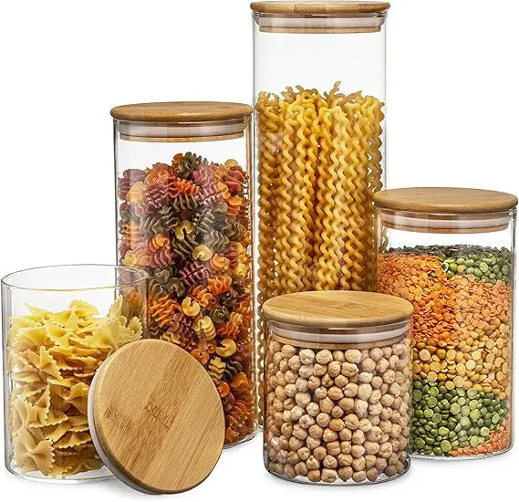 Set Of 5 Glass Kitchen Canisters With Airtight Bamboo Lids