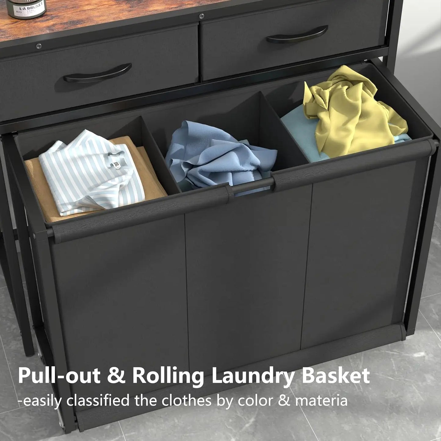 Hamper Laundry Basket With 3 Section Pullout Rolling Bags