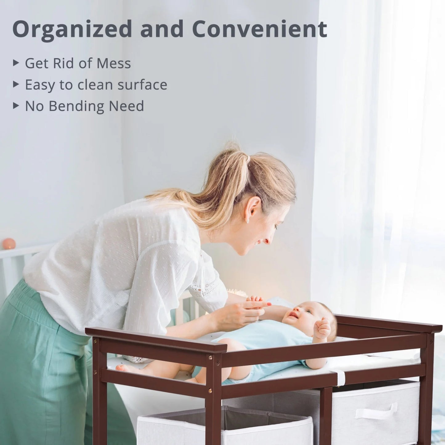 Wooden Diaper Changing Table Dresser With Laundry Hamper And Drawers