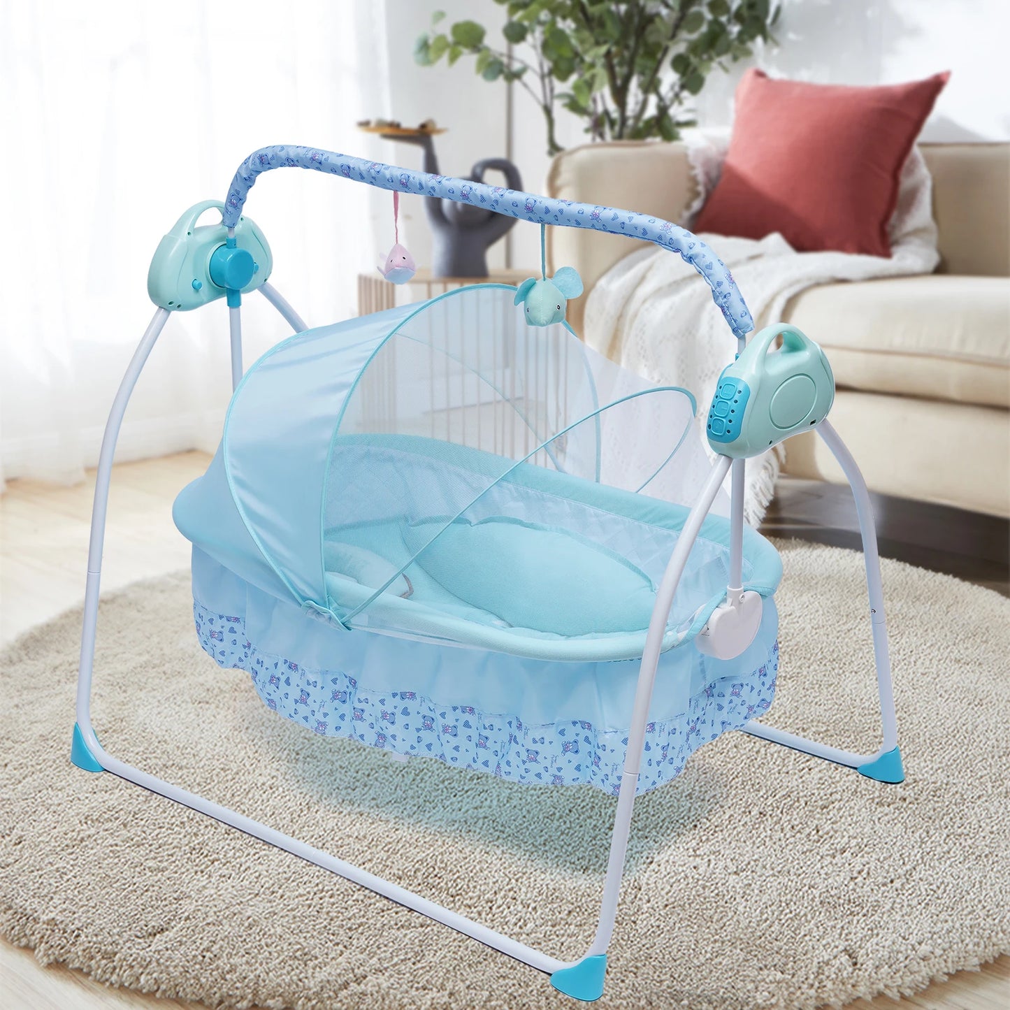 Electric Baby Cradle Auto Swing Rocker Cot Infant Sleeping Bed with Timer Bluetooth Music Mat Pillow and 5 Gears Adjustable