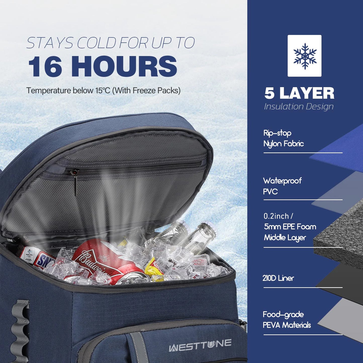 WestTune Leakproof Insulated Cooler Backpack Hiking Travel