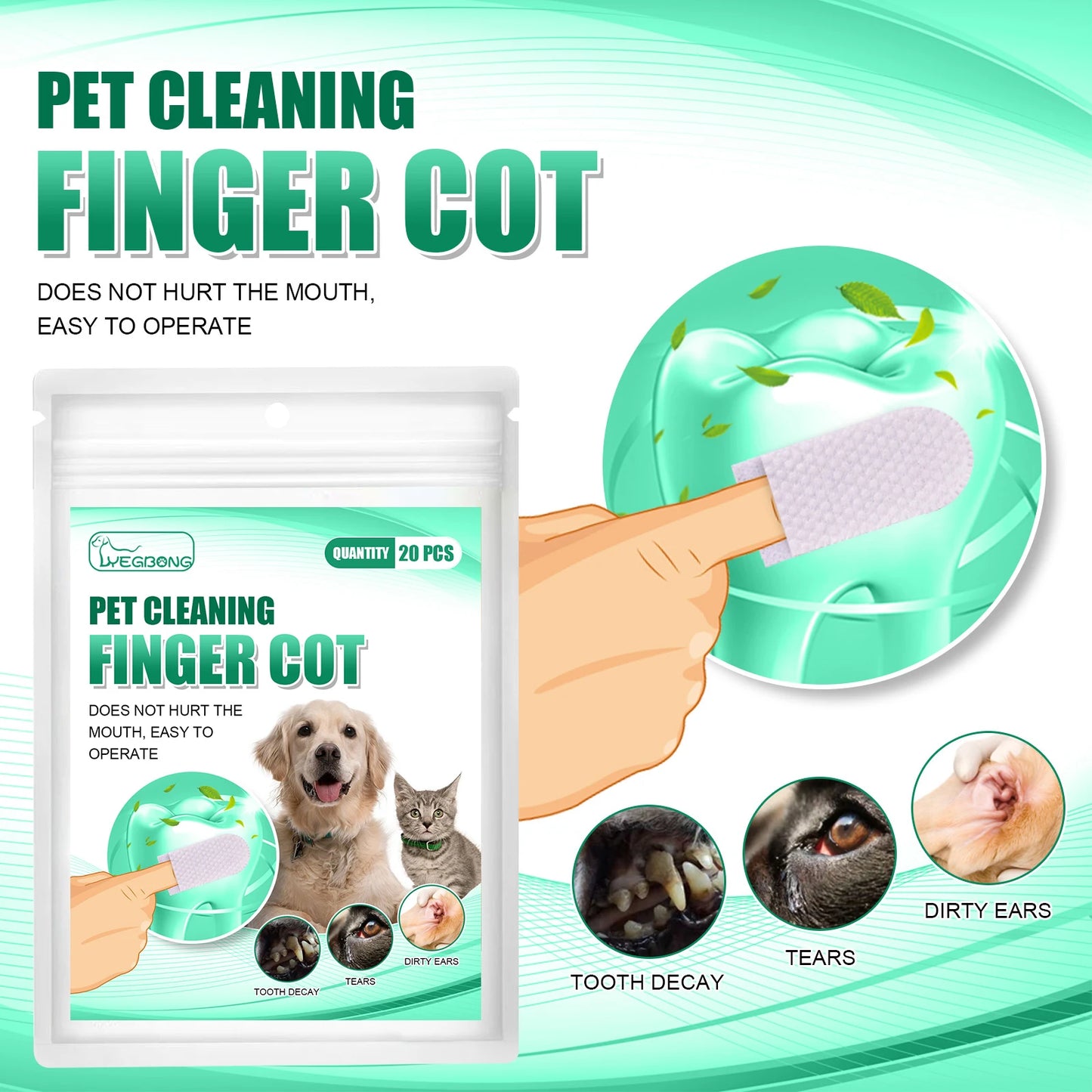 20 Pcs Pet Cleaning Teeth Finger Covers for Dogs and Cats Tartar Removal Oral Care Non Woven Fabric