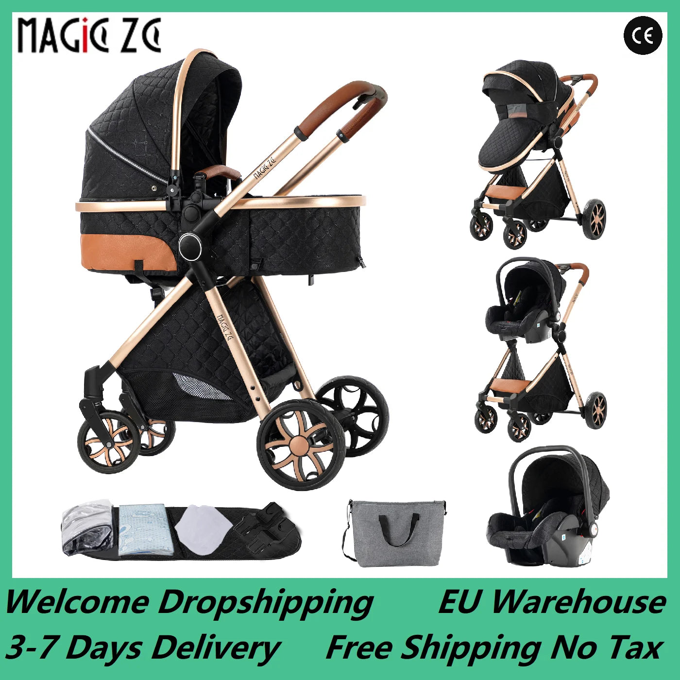 Baby Stroller 3 in 1 Travel System Pushchair Lightweight Pram All Terrain Baby Buggy Compact Fold Stroller