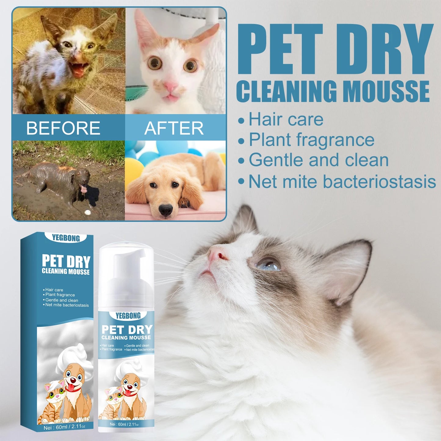 60ml Pet Dry Cleaning Agent Deodorizing Shampoo Waterless Rinse Free Body Wash for Small Animals