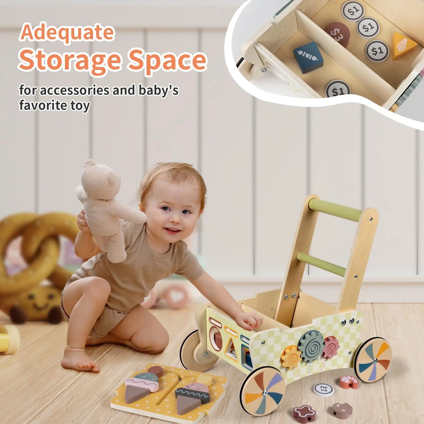 Wooden Baby Push Walker Shopping Cart And Activity Center