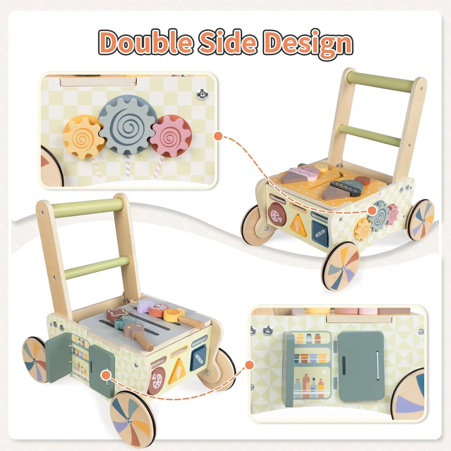 Wooden Baby Push Walker Shopping Cart And Activity Center