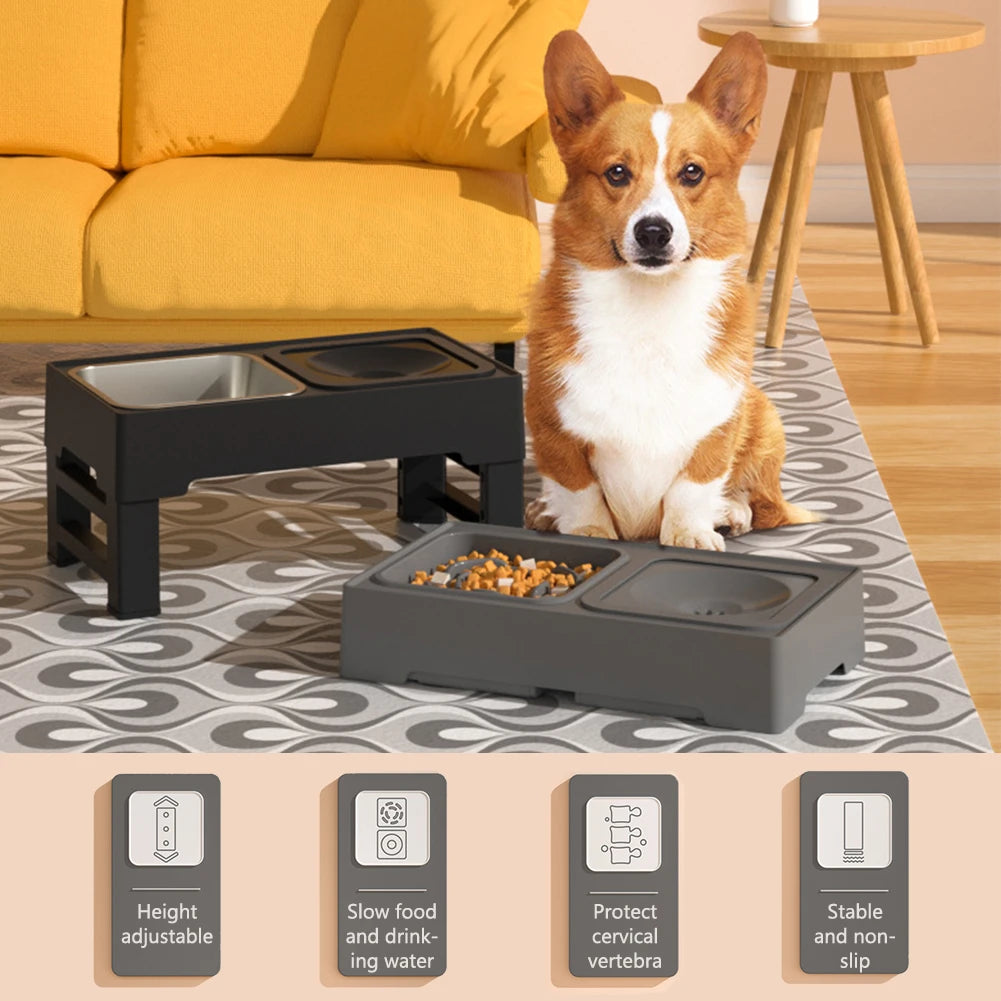 Elevated Dog Food Slow Feeder with Adjustable Heights Raised Dog Bowl Stand and Stainless Steel Bowls Anti Slip Dog Water Bowl