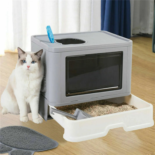Large Hooded Cat Litter Box Tray Drawer Type Pet Kitty Toilet Top Entry Anti Splashing Enclosed Potty with Hair Grooming Scoop