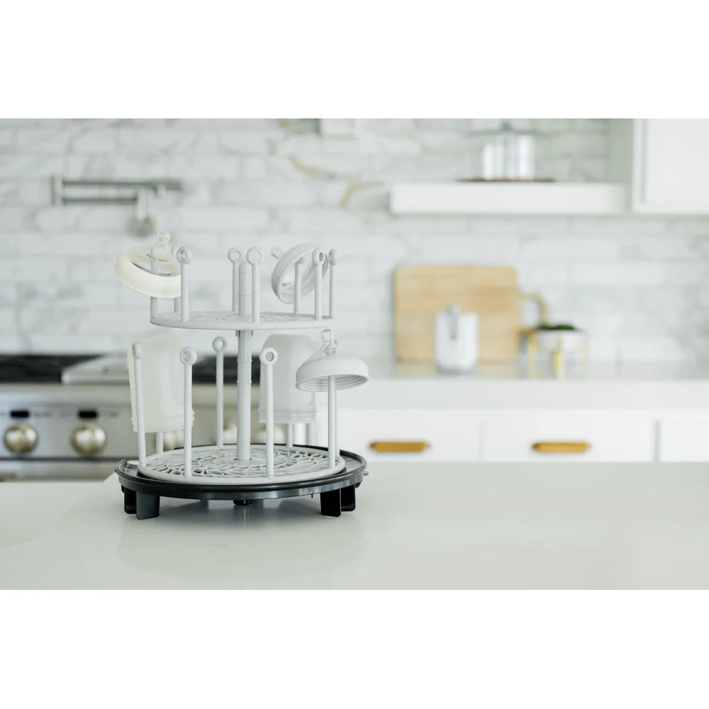 Two Tier Spin Stack Baby Bottle Drying Rack Countertop Space Saving Rotating Design Essential Organizer with Drip Tray
