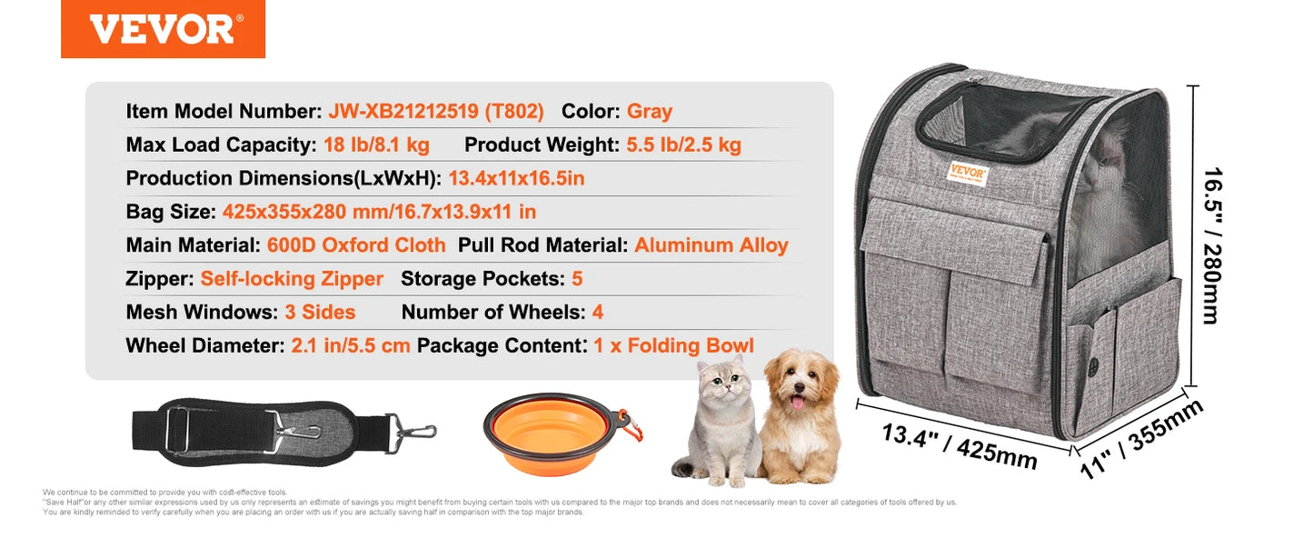 VEVOR Pet Carrier Backpack With Telescopic Handle Wheels