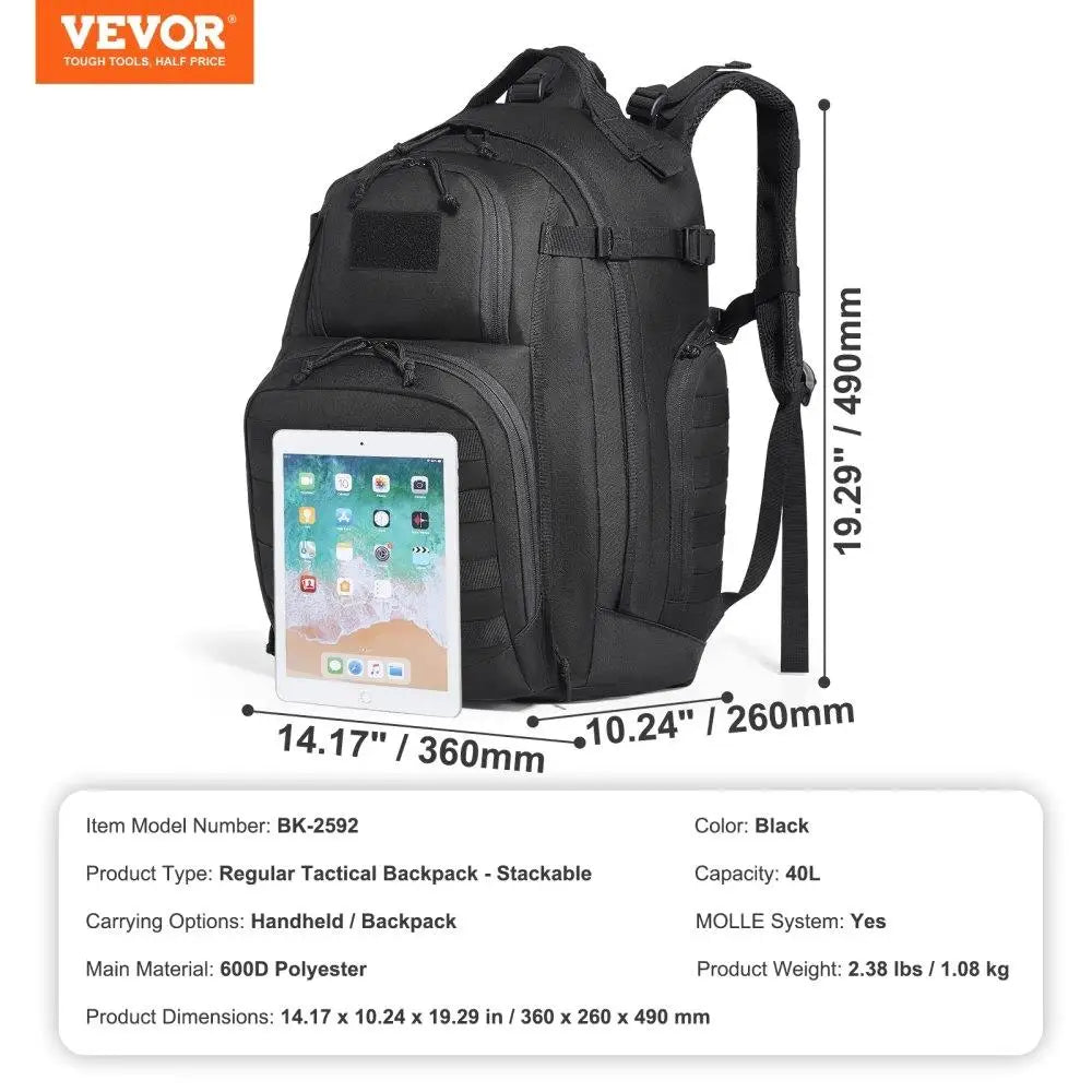 Vevor Tactical Rucksack 40L Molle Compatible Sponge Padding Assault Pack Outdoor Camping Trekking EDC Backpack Black