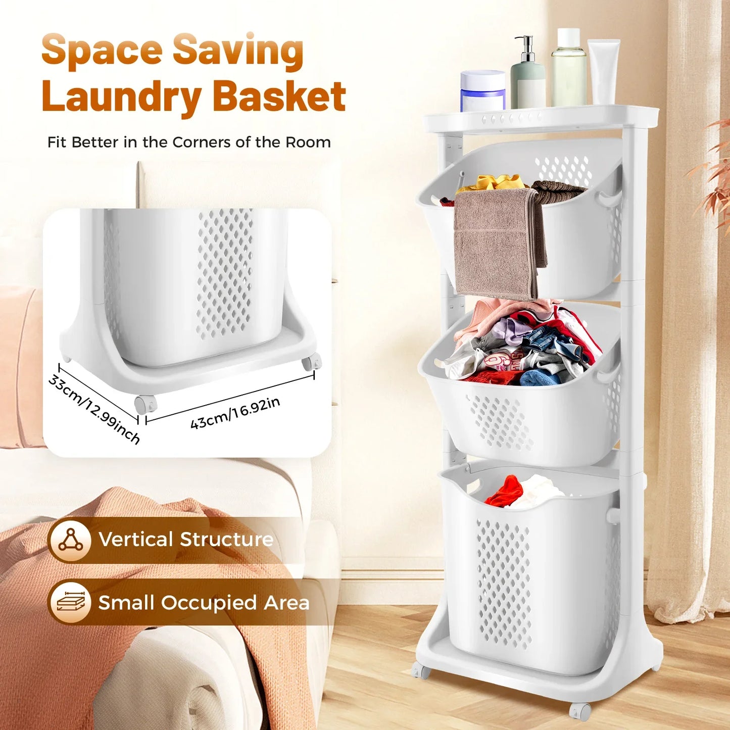 3 Tier Laundry Basket 360 Degree Rolling Wheels 25Kg Load