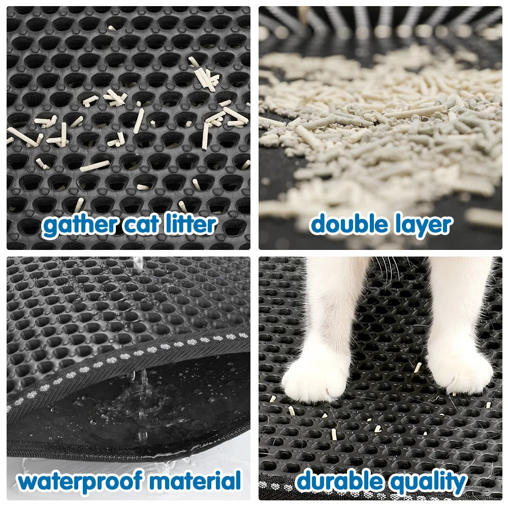 Cat Litter Mat Double Layer Waterproof Easy Clean Scatter Control Scratching Design 21 Inch x 14 Inch Black
