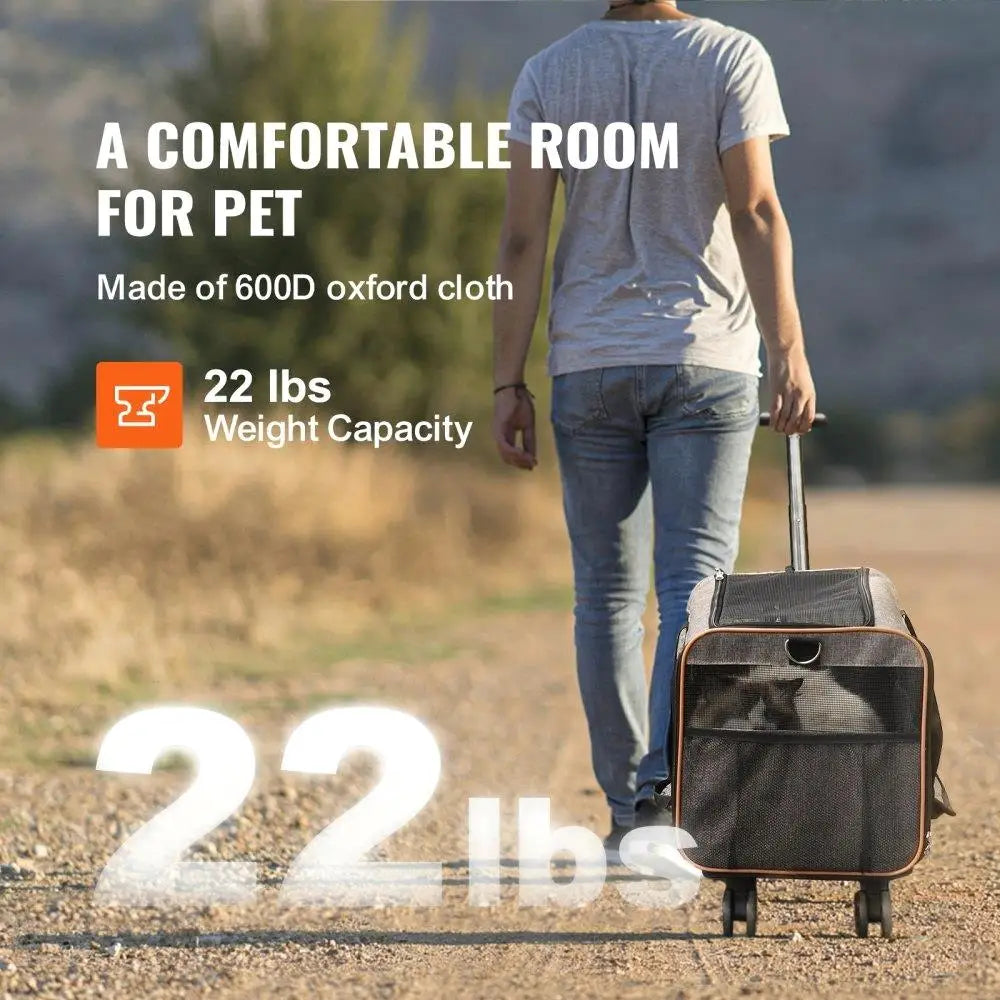 Rolling Cat Carrier with Wheels Airline Approved Pet Travel Bag Telescopic Handle and Shoulder Strap for Pets Up to 22 Pounds
