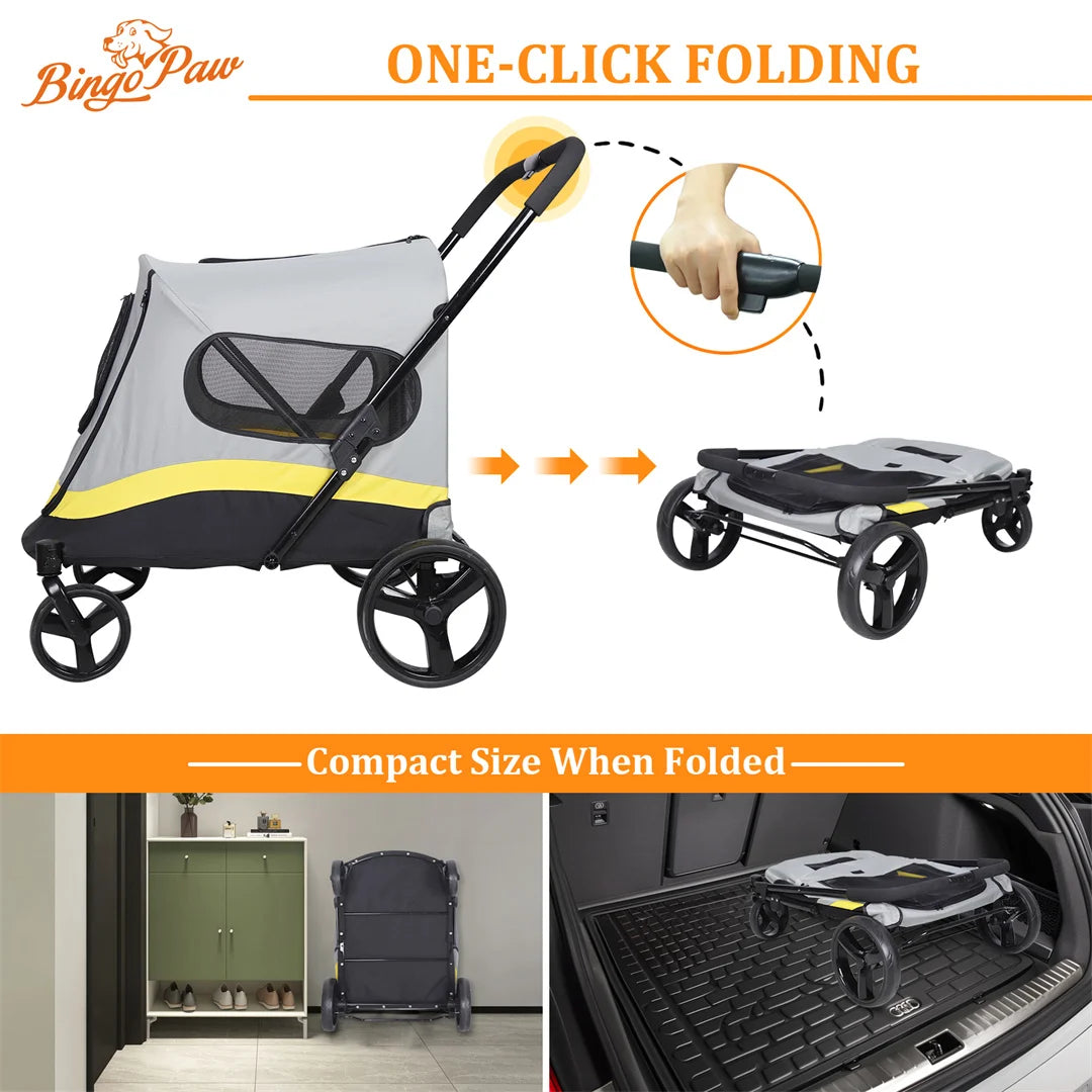 Foldable Dog Stroller With 4 Wheels And Rainproof Cover