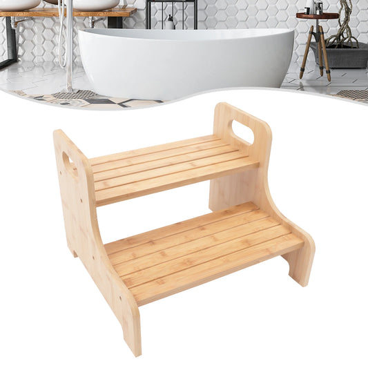 2 Tier Small Step Stool for Elderly and Child Portable Wooden Stepping Stool with Non Skid Foot Pads for Kitchen and Bathroom