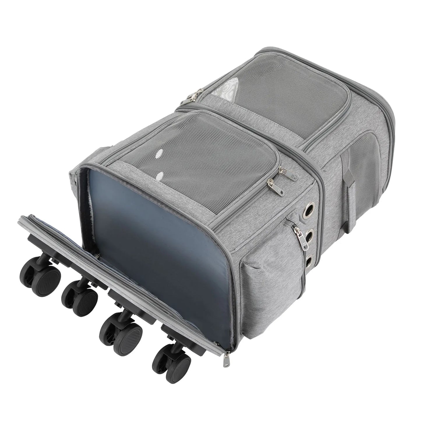 Cat Carrier Double Compartment Pet Rolling Carrier with Wheels Super Ventilated Design Ideal for Traveling Hiking Camping
