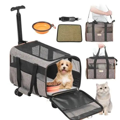 Rolling Cat Carrier with Wheels Airline Approved Pet Travel Bag Telescopic Handle and Shoulder Strap for Pets Up to 22 Pounds