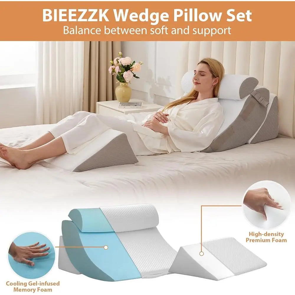 Orthopedic Wedge Pillow Set 4 Pieces Adjustable Memory Foam Back Pain Relief Post Surgery Acid Reflux Snoring GERD Support Pillow