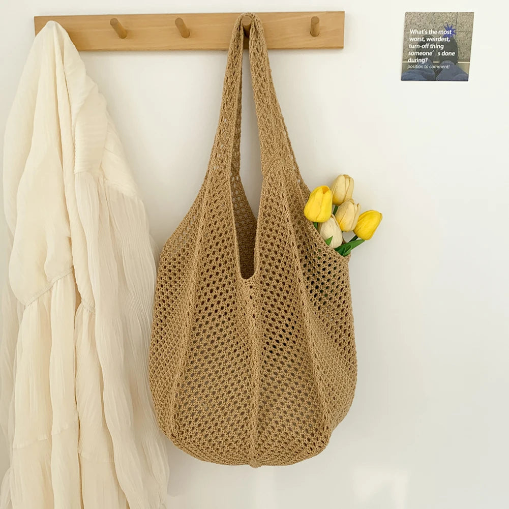 Women Crochet Tote Bag Fashion Knitted Large Capacity Hollow Bag