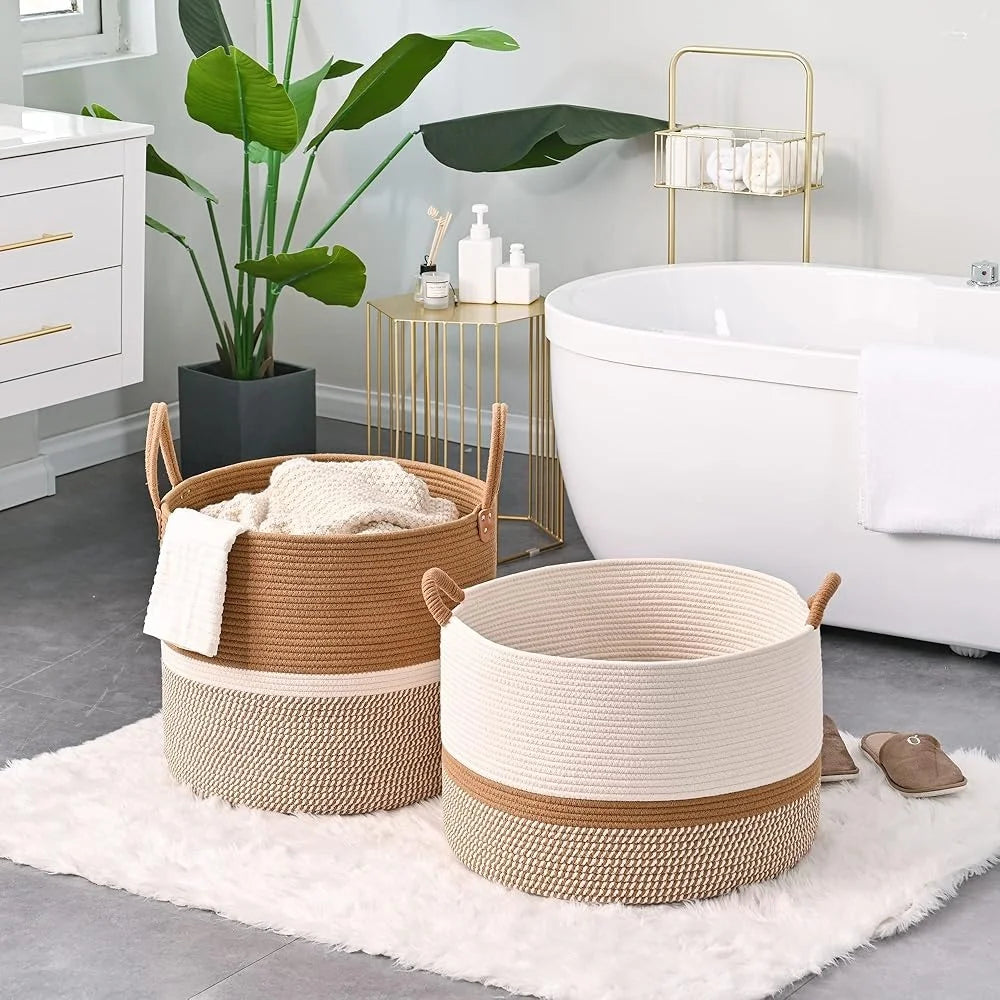 Large Woven Cotton Rope Basket Durable Storage Organizer for Baby Toys Laundry Blankets Nursery Living Room Hamper with Soft Handle
