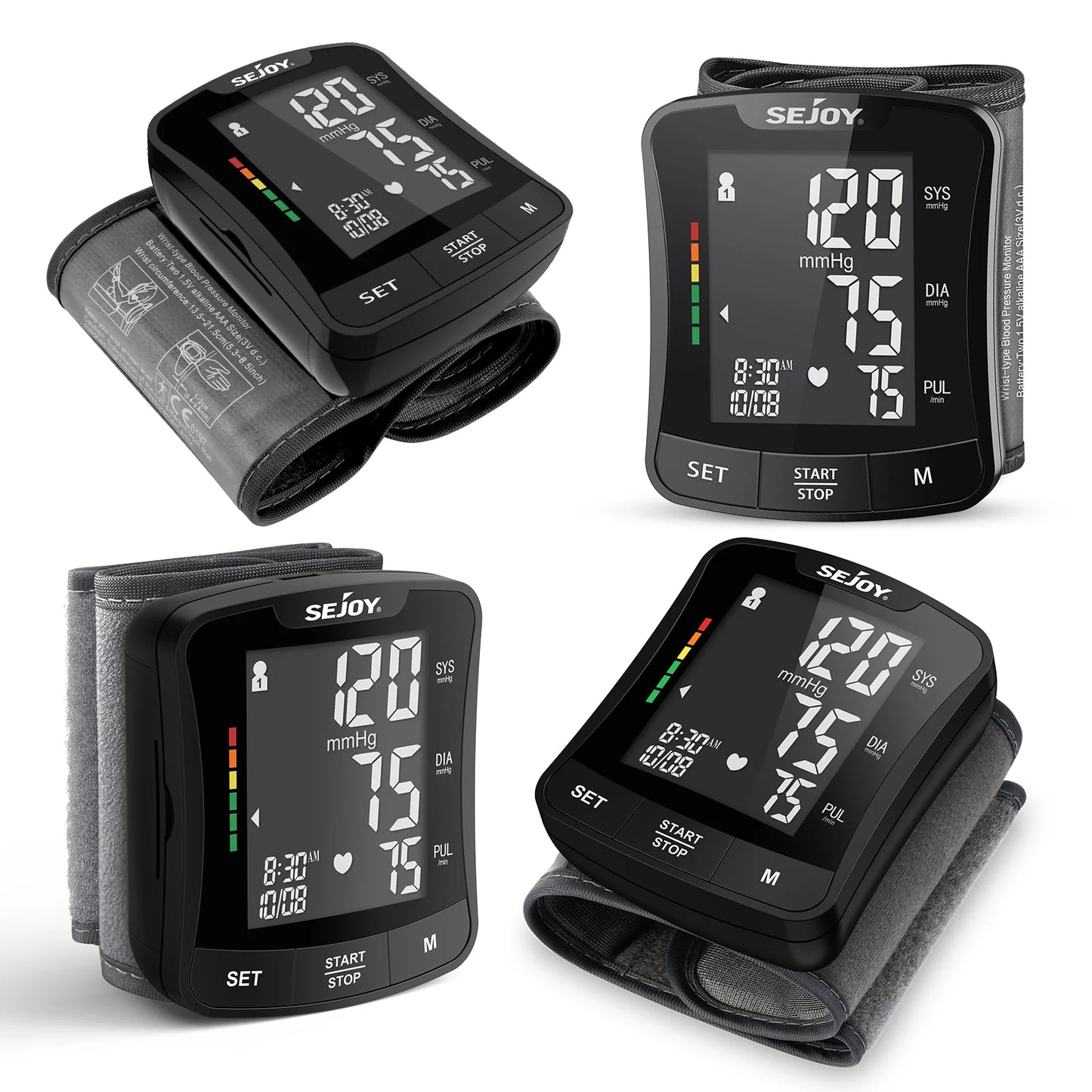 Sejoy Electronic Blood Pressure Monitor Wrist Cuff Tonometer Digital Sphygmomanometer BP Meter with Large LCD Display