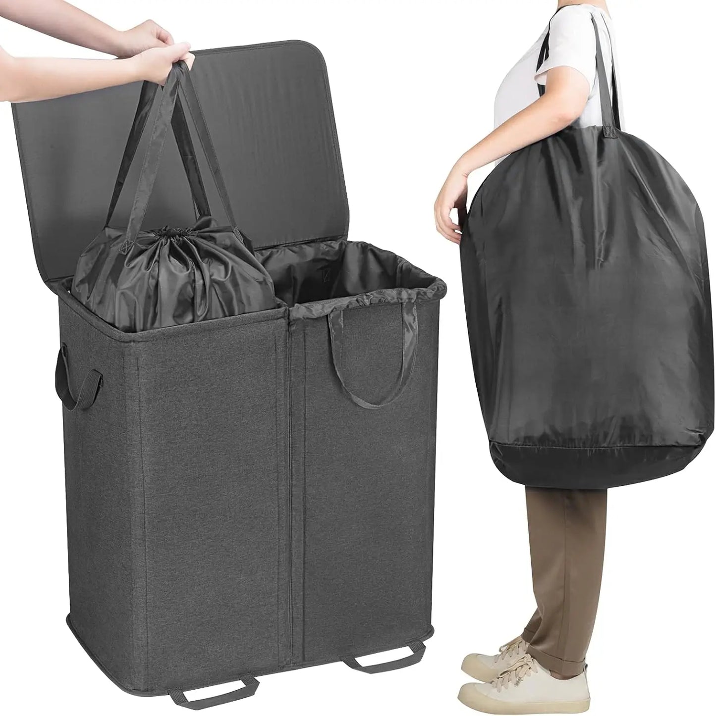 Large Collapsible Double Laundry Hamper with Lid and Handle