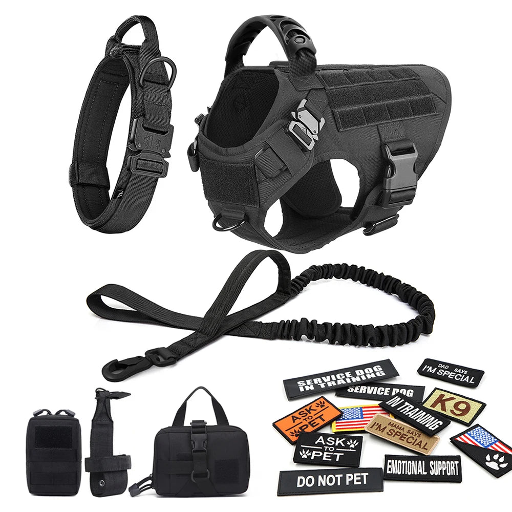 Military Large Dog Harness Collar Leash Bags Patches Set Tactical Training Vest for Malinois and Other Breeds