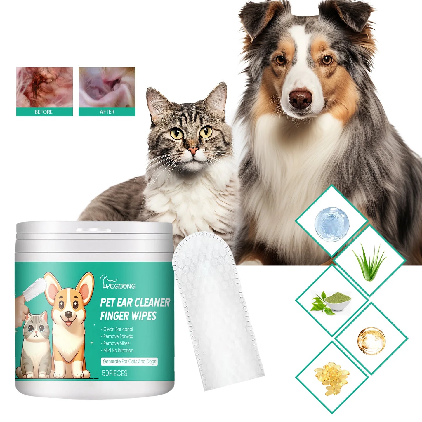 Yegbong Dog Tooth and Ear Cleaning Wipes Pet Dental Care Finger Wipes for Dogs and Cats Reduces Plaque and Freshens Breath 50 Pieces